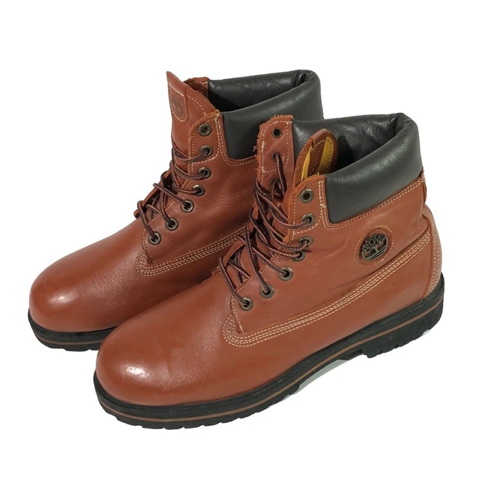 Vintage Timberland Cognac Leather Boots Men’s Brass Emblem Composite Toe